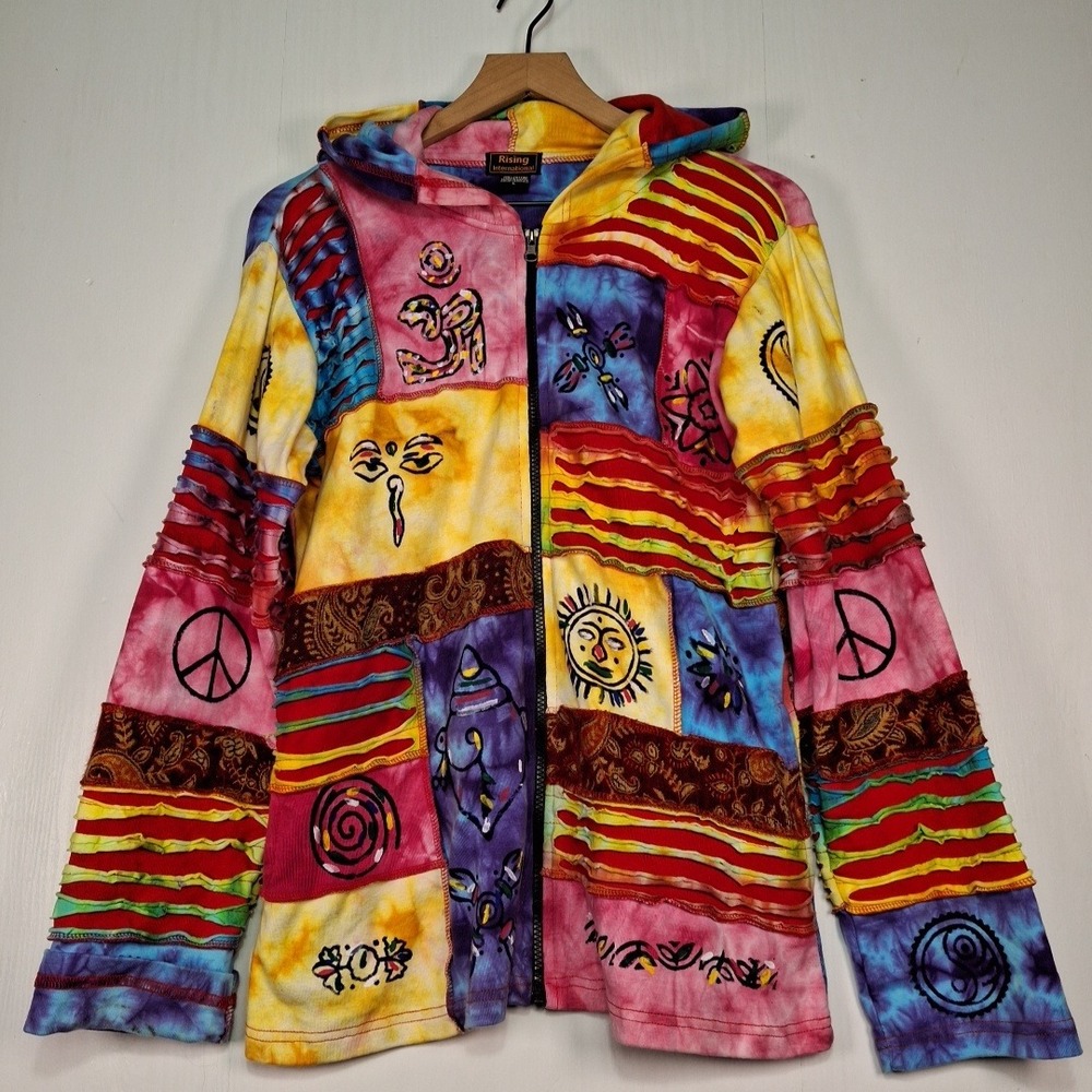 Rising International Nepal Hippie Hoodie Patchwork Jacket Size Large Fair Trade